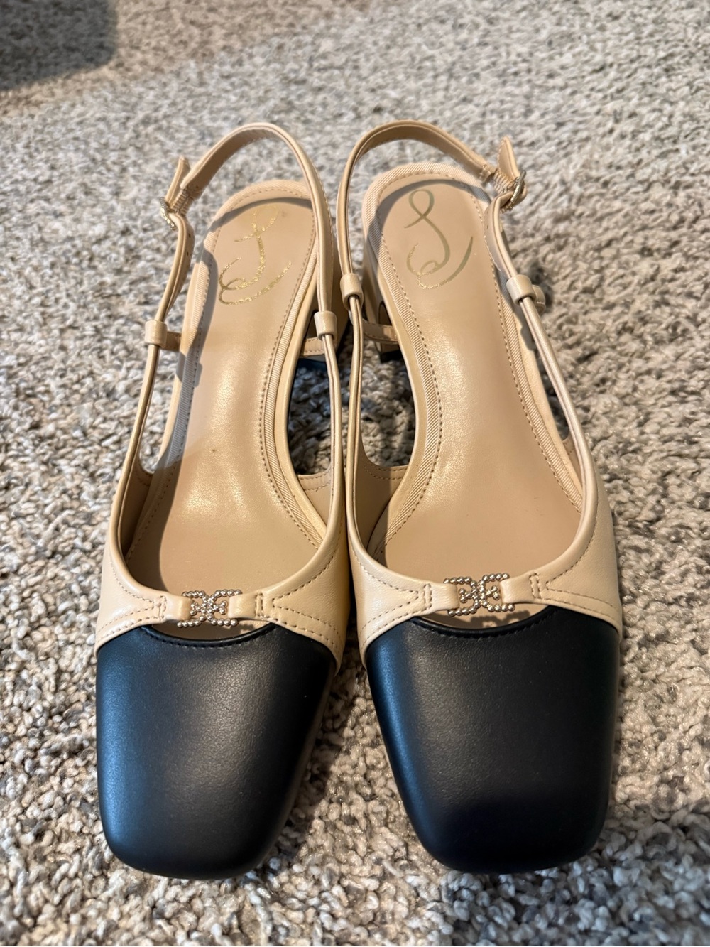 Sam Edelman Beige and Black Square-Toe Slingback Flats